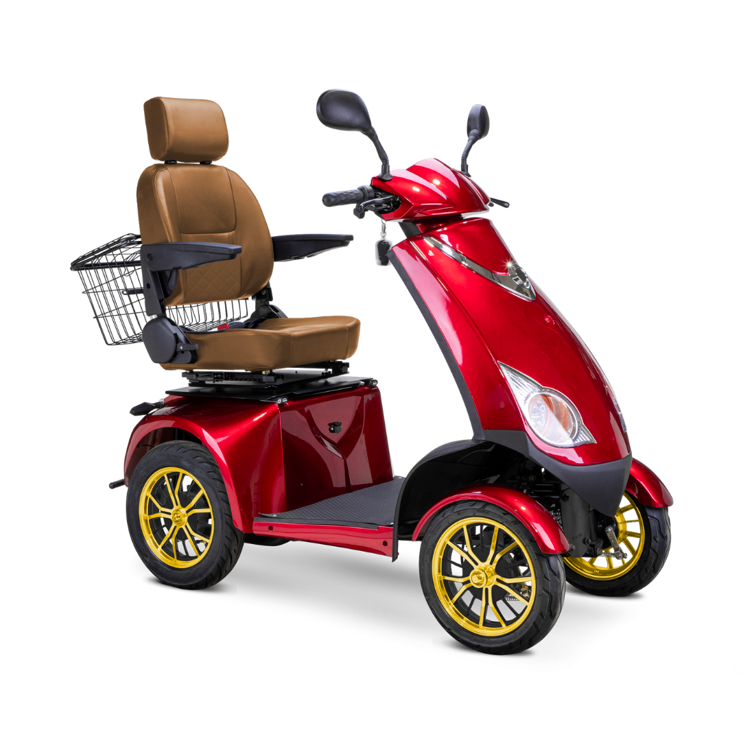 The Bespoke Platinum Recreational 4-Wheel Scooter with Electric Brake Assist features a high-performance motor, red body, brown cushioned seat, armrests, headrest, rear metal basket, and yellow-rimmed wheels against a white background.